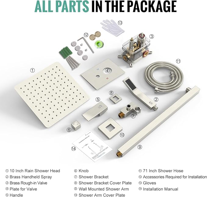 SR SUN RISE Shower Faucet Set Bathroom Square Rain Shower Head with Handheld Spray Wall Mounted Rainfall Shower Fixtures Brushed Nickel Shower Faucet Trim Repair Kits (Contain Shower Valve)10 Inches