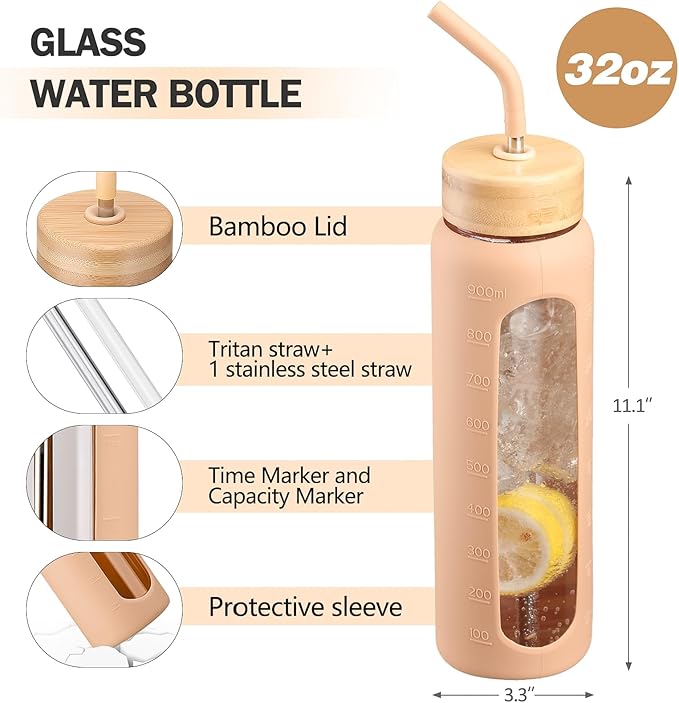 Glass Water Bottles with Straw -32oz- Water Bottle Phone Holder for Gym Large Motivational Water Bottle with Time Marker Glass Drinking Bottles 2 Lids - Spout & Bamboo Straw Lid(Amber)