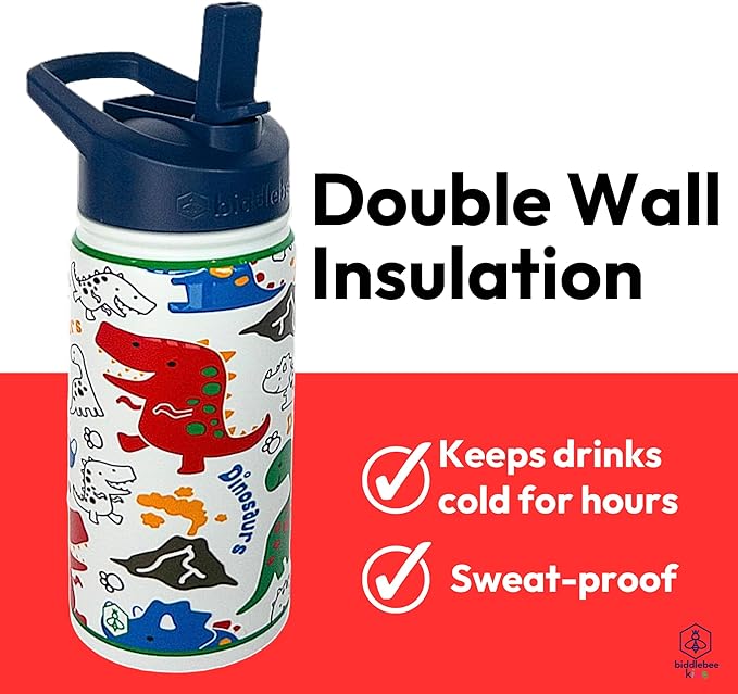Biddlebee Kids Water Bottle with Straw Lid | 14oz Insulated Stainless Steel Reusable Bottles for School | Leak Proof Cap with Handle & Touch Free Spout | Great for Boys & Girls (Colorful Dinosaurs)