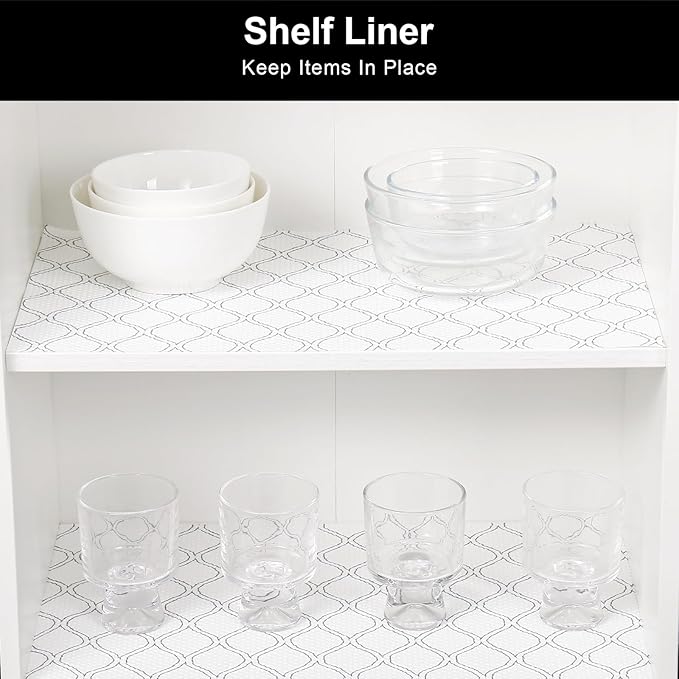Cooyes Shelf Liner Drawer Liners, Shelf Liners for Kitchen Cabinets, Non Adhesive Cabinet Liner, EVA Waterproof Oil-Proof Non-Slip Refrigerator Liners for Shelves (White, 17.7 Inches x 16.5 FT)