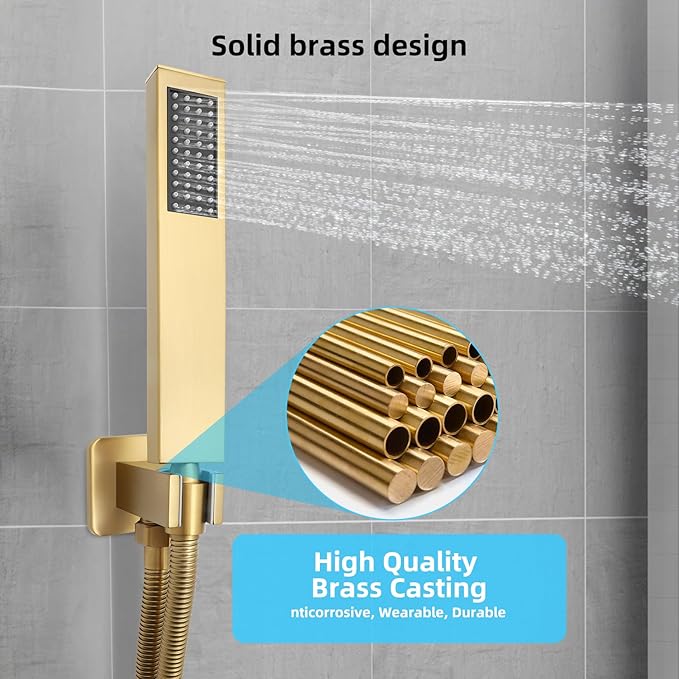 Bathroom Shower Faucet Set，12 Inch Rain Shower Head with Handheld Spray，Brass Shower Valve Trim Kit，Wall Mounted Square Rain Shower System (Brushed Gold)