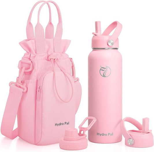 HydroPal Insulated Water Bottles 40 oz with 2 Leak Proof Lids & Water Bottle Holder, Wide Mouth Sport Water Bottle with Straw, Reusable Stainless Steel Water Flask, Double Walled Vacuum Thermos