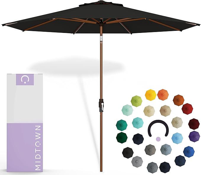 Midtown Umbrellas Sunbrella Umbrella Outdoor Patio Umbrella 2-8 Feet in Black Acrylic Fabric - Auto-Tilt Aluminum Frame For Backyard Umbrella, Deck Umbrella & Porch Umbrella - Wooden Pole