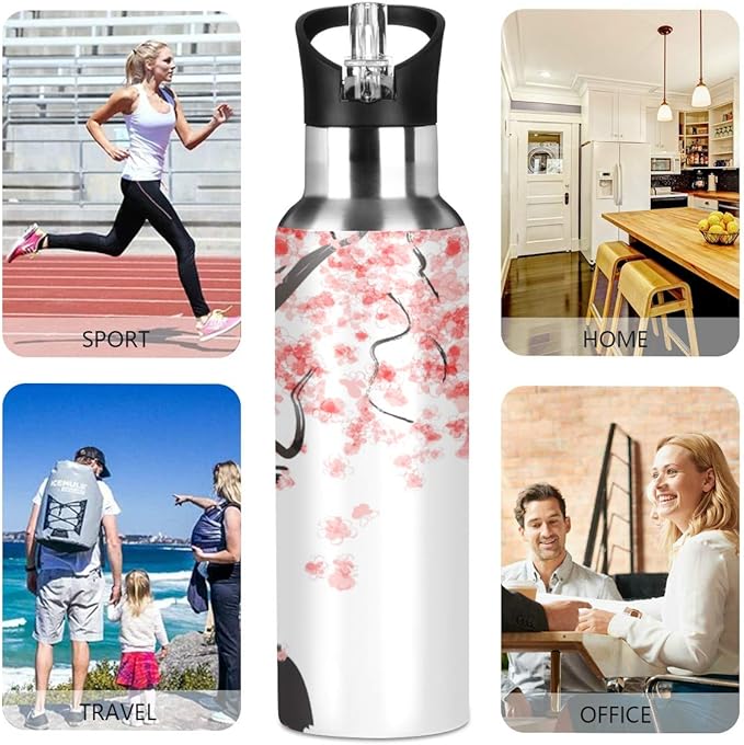 Blueangle 22oz Japanese Cherry Blossom Water Bottle, BPA Free Stainless Steel Water Bottle Leak-Proof Sports Bottle for Camping Workouts Gym and Outdoor Activity