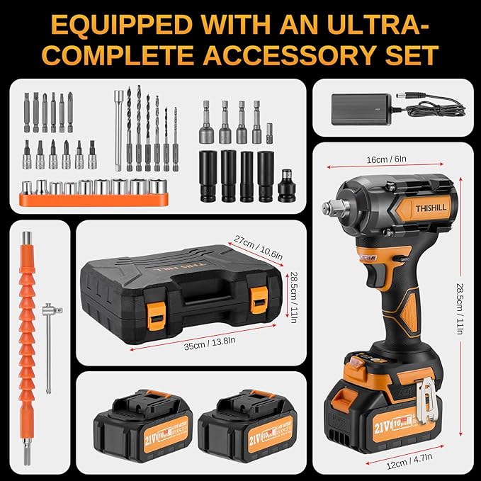 This Hill 45PCS Cordless Impact Wrench,600Nm(443Ft-lbs),1/2 Inch Brushless lmpact Driver Set,w/Two 4.0Ah Battery,17 Sockets,High Torque Power Impact Gun for Car Home