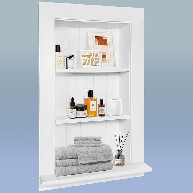 Royxen Bathroom Wall Cabinet with 3-Tier Shelves,Wooden Recessed Medicine Cabinet Over Toilet Storage Cabinet,Bathroom Cabinet Wall Mount for Home Storage, 14 x 24 Inch, White