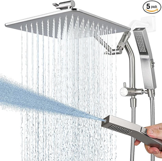 G-Promise All Metal 10 Inches Rain Shower Head with Handheld Built-in Power Wash Mode, 3-way Diverter with Pause Setting, 11 Inches Adjustable Extension Arm with Lock Joint, Long Hose (Brushed Nickel)