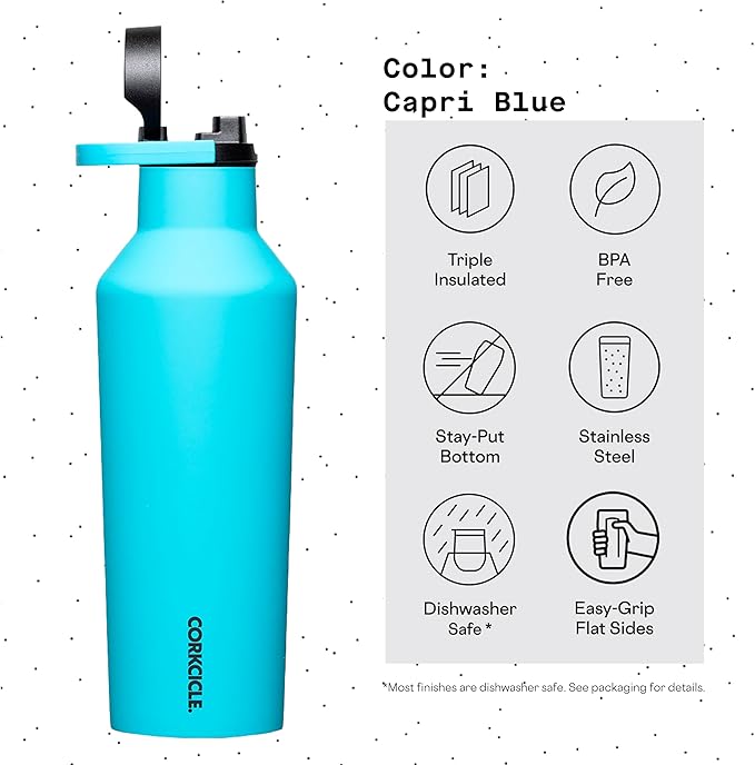 Corkcicle Sport Canteen Insulated Tumbler, Capri Blue, 32 oz – Reusable Water Bottle Keeps Beverages Cold for 25 Hours & Hot 12 Hours – Cupholder Friendly Tumbler with Screw-On Cap