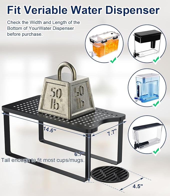 Water Filter Dispenser Stand with Drip Tray - 7.7''W x 14.6''D x 6.7''H, Metal Stand Designed For Brita Water Filter, Compatible with ZeroWater, PUR, Waterdrop etc.
