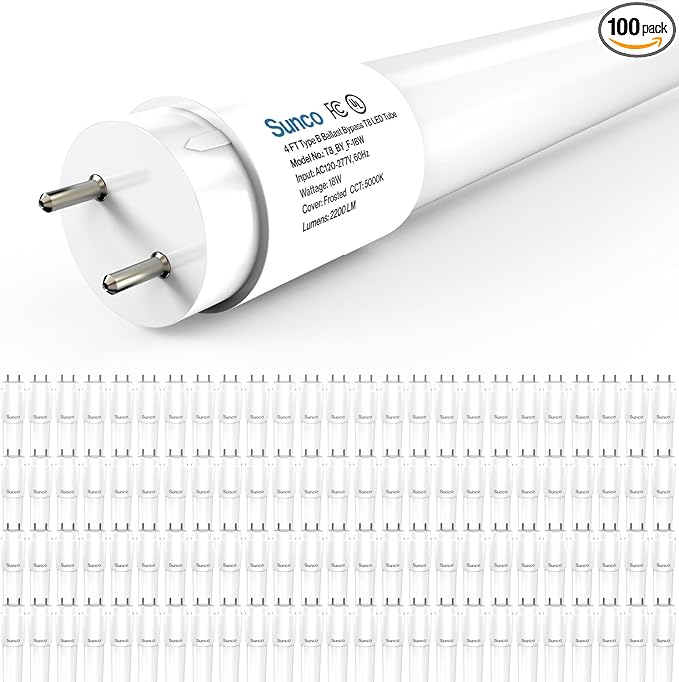 Sunco 100 Pack T8 LED Bulbs 4 Foot, Tube Light Bulbs Ballast Bypass, 48 Inch Fluorescent Replacement, 2200 LM, 18W, 5000K Daylight, Single Ended Power, Type B, Frosted Lens UL