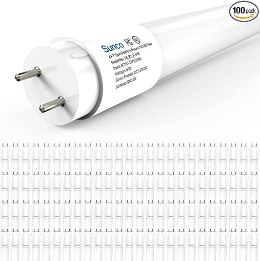 Sunco 100 Pack T8 LED Bulbs 4 Foot, Tube Light Bulbs Ballast Bypass, 48 Inch Fluorescent Replacement, 2200 LM, 18W, 5000K Daylight, Single Ended Power, Type B, Frosted Lens UL