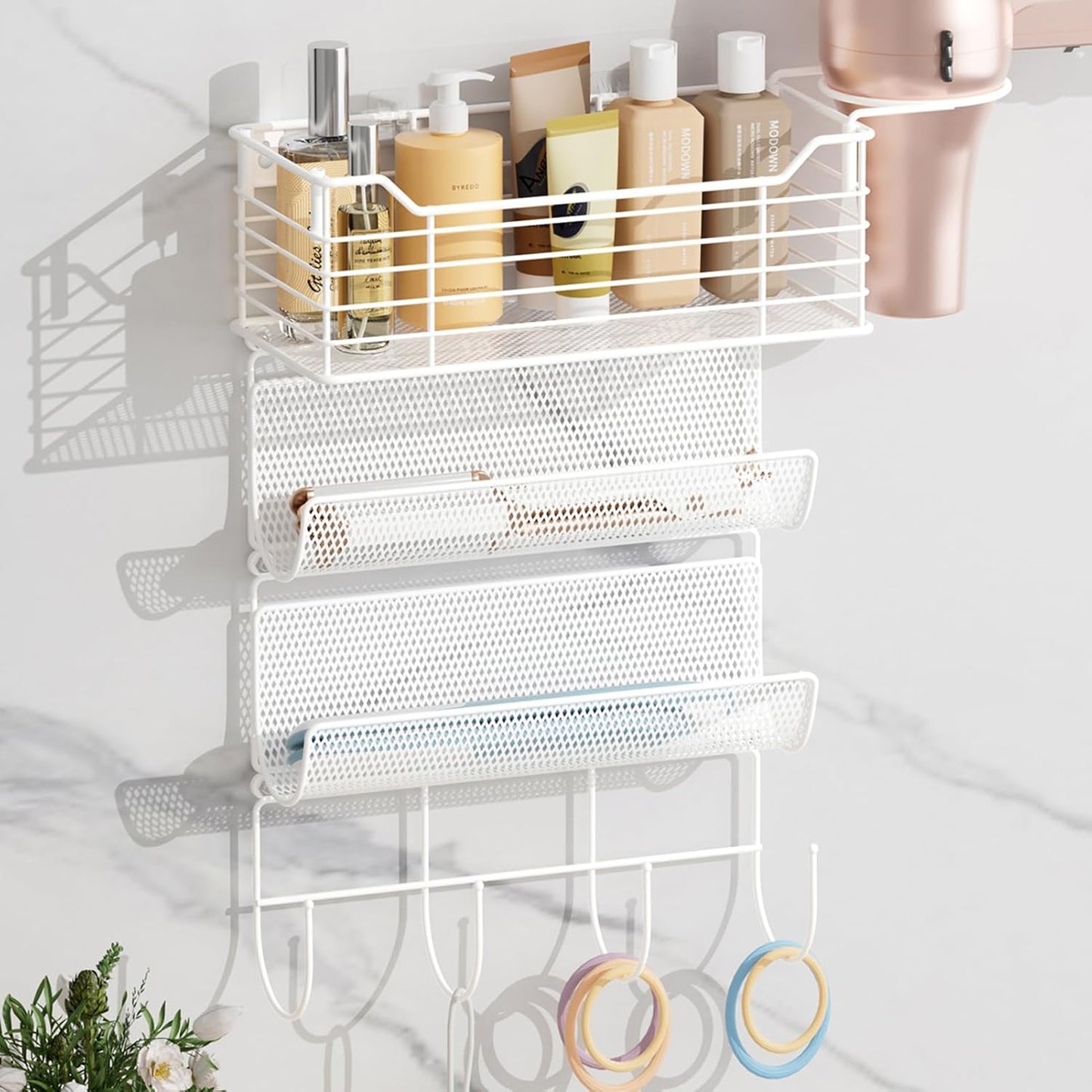 VITVITI Metal Hair Tool Organizer Wall Mount, Hair Dryer Holder with 3 Tier Shelf Basket Hooks, Bathroom Hair Styling Tool Organizer for Curling Iron/Blow Dryer/Straightener, White