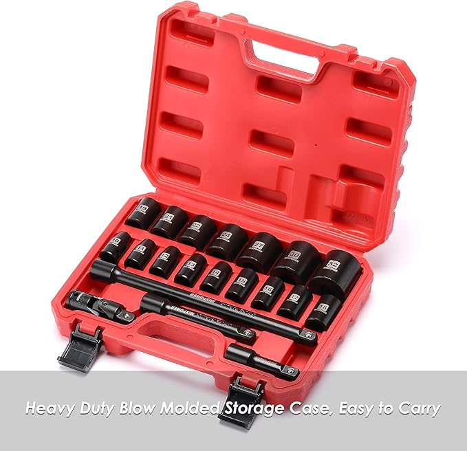 MIXPOWER 1/2-Inch Drive Shallow Impact Socket Set Metric Size 10mm-32mm CR-V 6-Point Mechanic and Repair Project 20-Piece 1/2" Shallow Sockets Set with Extension Bar and Universal Joints