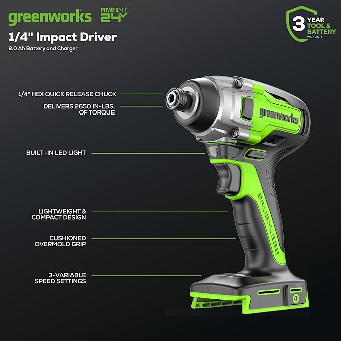 Greenworks 24V Brushless Cordless Impact Driver Kit, 2650 in./lbs Torque 1/4-inch Hex, Variable Speed Impact Drill/Driver Set, Included (2) USB (Power Bank) Batteries and Dual Port Charger, Bits