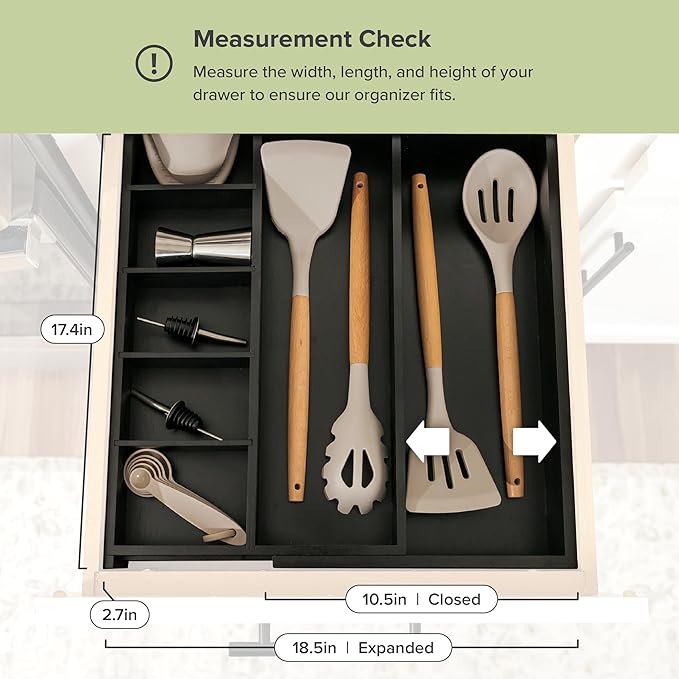 KitchenEdge Adjustable Kitchen Drawer Organizer for Utensils and Junk, Food-Safe Contract Grade with 100% Sustainable Wood, Expandable from 10.5 to 19 Inches Wide - Black Bamboo