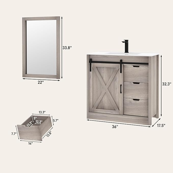 36 Inch Bathroom Vanity with Sink & Faucet & Mirror, Farmhouse Bathroom Vanity Cabinet Set with Sliding Barn Door & Drawers, Small Single Bath Storage Vanity Sink, Grey