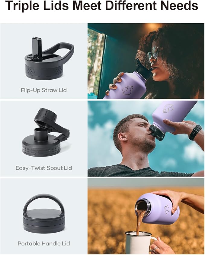 BUZIO Water Bottle with Straw lid, Spout Lid, Hand Lid and Carrying Pouch, 32oz 40oz 64oz Stainless Steel Water Flask Jug, Cold for 48 Hrs Hot for 24 Hrs Double Vacuum Thermo Canteen Mug, BPA-Free