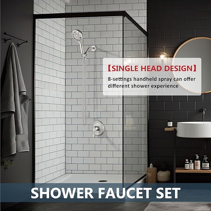 Aolemi Shower Faucet Set Rain Shower Head System Shower Trim Kit Pressure Rough-in Valve Included ABS 8 Setting Single Handheld Spray Brushed Nickel