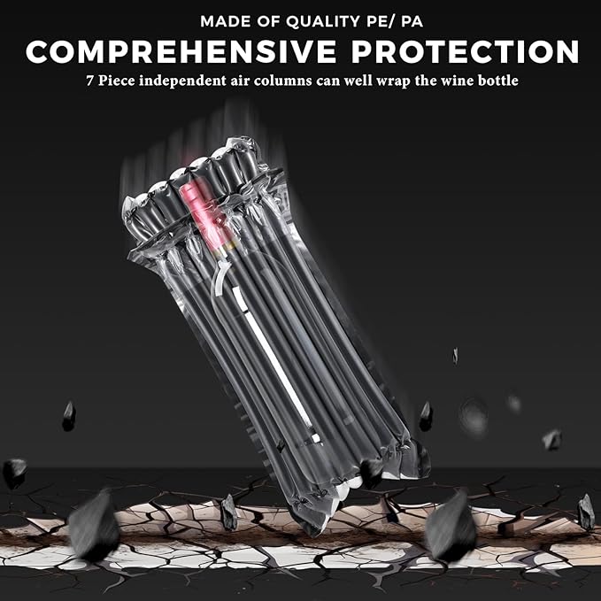 Frienda 50 Pcs Black Inflatable Wine Bottle Travel Protector Bags Reusable Air Column Wine Travel Inflatable Bag with Pump Wine Shipping Sleeves Wine Packing for Glass Bottles Airplane Transportation