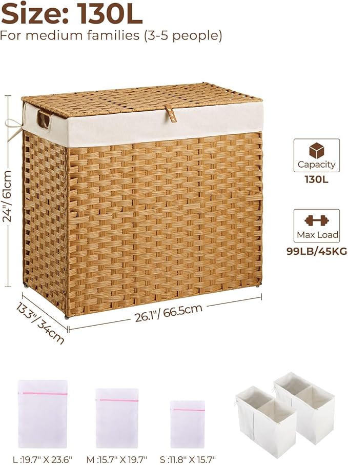 Greenstell Laundry Hamper with lid, No Install Needed, 130L Wicker Laundry Baskets Foldable 2 Removable Liner Bags, 2 Section Clothes Hamper Handwoven Rattan Laundry Basket with Handles, Natural