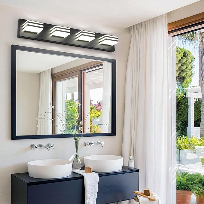 Black Bathroom Light Fixtures 24W Wall Light for Mirror 27 Inch Vanity Lighting Fixtures over Sink 4 Light LED Vanity Lamp Modern over Mirror Light Fixture Acrylic LED Light Bar for Bathroom Restroom