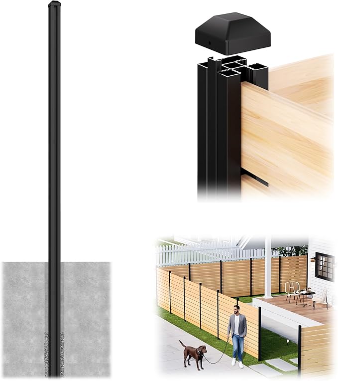 1 Pack 8FT Inground Aluminum Fence Posts for 6FT Privacy Panels, 3-Way Matte Black Wood Fence Posts, Rustproof & Weather-Resistant for Outdoor Use