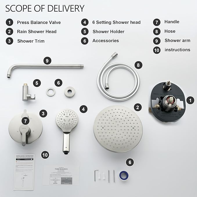 Brushed Nickel Shower Faucet Set, Wall Mount Rain Shower System 10 Inches Shower Head and Shower Handheld, Included Rough-in Valve and Trim Kit