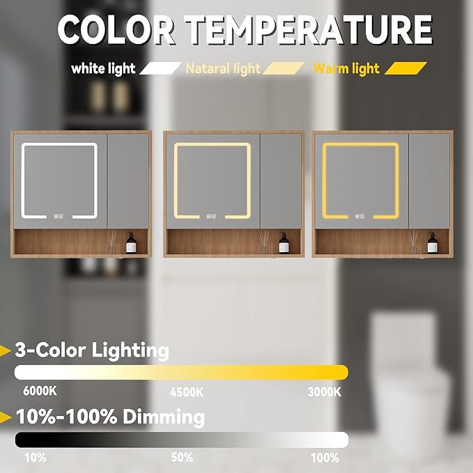 32'' Bathroom Vanity with Ceramic Sink Combo and Medicine Cabinet Mirror with Led Light/Defog, Wall Mounted Small Bathroom Vanity with Soft-Close Door Modern Floating Cabinet, Walnut(No Faucet)