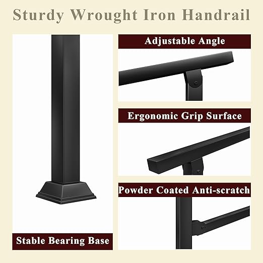 Hand Rails for Outdoor Steps, 40" x 36" Fits 2-3 Steps Stair Handrail, Black Metal Railings for Indoor Steps, Porch Railing, Deck Railing, Easy Install Stair Handrail(1 Pack) ﻿