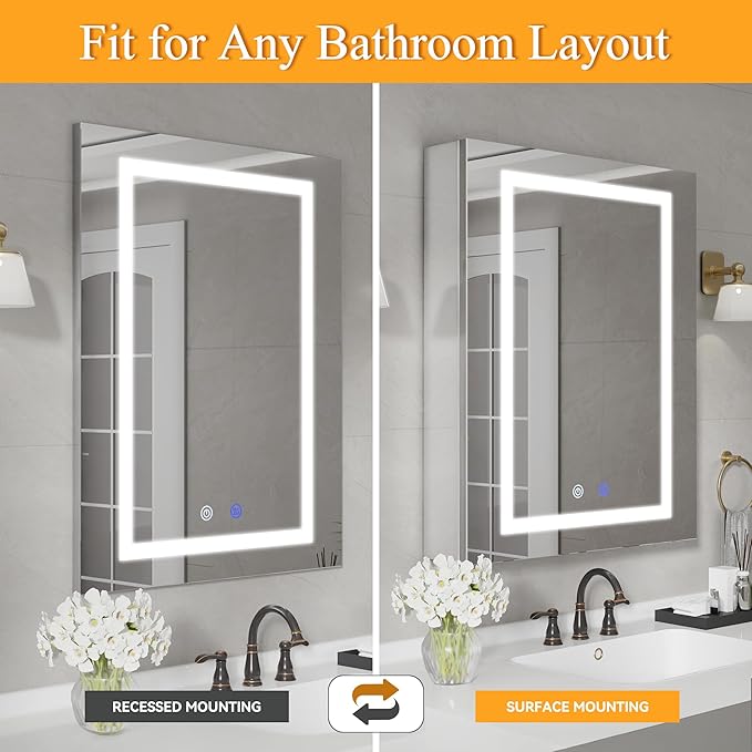 20x28x5.3In Medicine Cabinet with Lights, Recessed or Wall Mount Lighted Bathroom Mirror Medicine Cabinet with Defog, 3 Color Temperature & Stepless Dimming, Double Sockets & USBs（Left Door）
