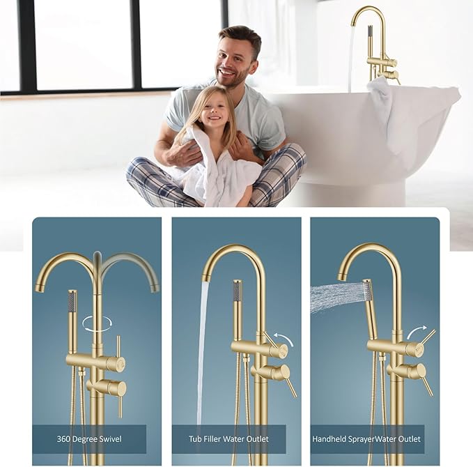 Aolemi Floor Mount Bathtub Faucet Freestanding Tub Filler Standing High Flow Shower Faucets Shower Mixer Taps, Swivel Gooseneck Spout with Cylinder Handheld Brushed Gold