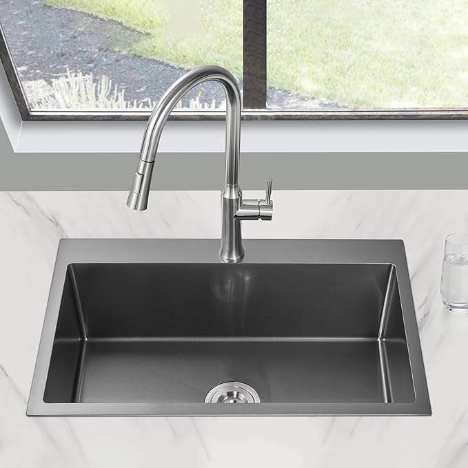 POPFLY Kitchen Sink, 28×20 Inch Drop In 18 Gauge Handmade SUS 304 Top mount Stainless Steel 9 Inch Deep Single Bowl Kitchen Sinks, Black