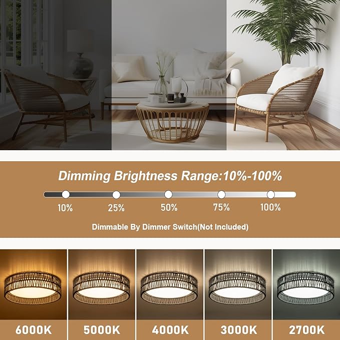 SineRise 12" Flush Mount Ceiling Light,25W LED Rattan Ceiling Light Fixture,Dimmable Handmade Boho Light Fixtures with Rattan,Farmhouse Lighting Fixtures Ceiling for Hallway Kitchen Bedroom(Black)