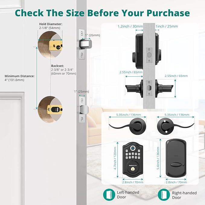 DS10 Pro Keyless Entry Door Lock with Handle - 2 Lever Handles, Bluetooth APP Control, Fingerprint Door Locks, Electronic Keypad Deadbolt Lock, Smart Doors Lock, Auto-Lock, Matte Black