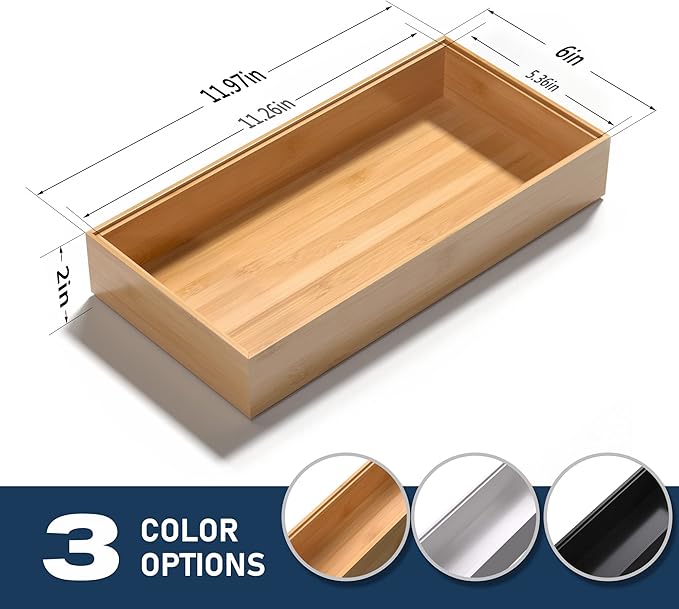 Silverware Tray for Drawer, Stackable Kitchen Bamboo Drawer Organizer 12" x 6" x 2" Set of 2
