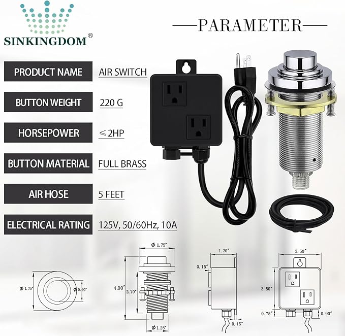 SinkTop Air Switch Kit (Long Full Brass Button) for Disposal, Dual Outlet, (Chrome)