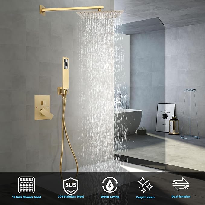 Bathroom Shower Faucet Set，12 Inch Rain Shower Head with Handheld Spray，Brass Shower Valve Trim Kit，Wall Mounted Square Rain Shower System (Brushed Gold)