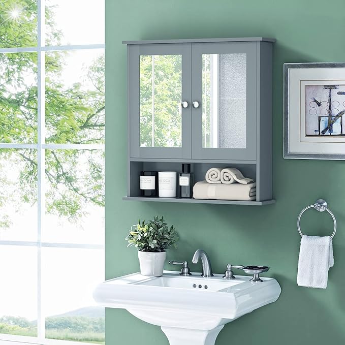 Tangkula Bathroom Medicine Cabinet with Mirror, Wall Mounted Wooden Hanging Organizer with Doors and Shelves, Bathroom Wall Mirror Cabinet (Mirror Doors, Gray)
