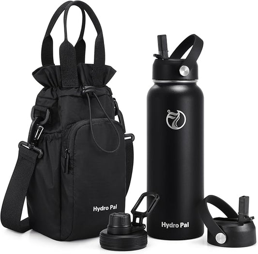 Insulated Water Bottles 32 oz with 2 Leak Proof Lids & Water Bottle Holder, Wide Mouth Sport Water Bottle with Straw, Reusable Stainless Steel Water Flask, Double Walled Vacuum Thermos