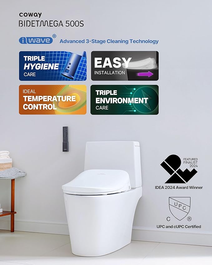 Coway Electronic Bidet Elongated Toilet Seat with Instantaneous Water Heating, Heated Seat and Dryer, Auto Open and Close Lid, Night Light, Deodorizer, Stainless Nozzle, Remote Control 500S