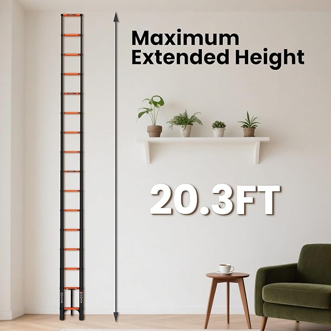 20.3 FT Telescoping Ladder, Aluminum Extension Ladder, 330 lbs Load Capacity, Multi-Purpose Collapsible Ladder for Home and Work; Orange