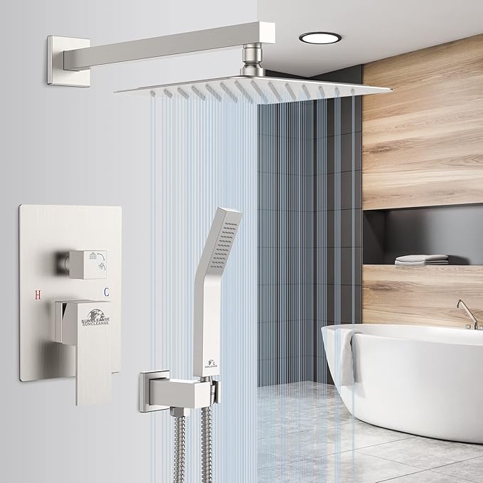SunCleanse Shower System Rainfall Shower Faucets Set Brushed Nickel, 10 Inch Wall Mounted Rain Shower Head with Handheld Spray Shower Valve and Trim Included