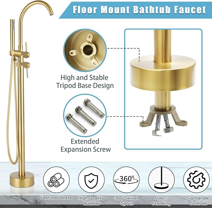 Floor Mount Bathtub Faucet，Freestanding Tub Faucet ，High Flow Dual Function 360 Degree Rotating Tube and Handheld Water Outlet (Brushed Gold)