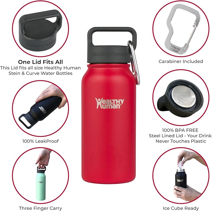 Healthy Human Stainless Steel Water Bottle | Double Walled Vacuum Insulated Water Thermos for Adults | Eco-Friendly Travel Bottles with Leak Proof Lid (Red Hot, 16 oz/ 473 ML)