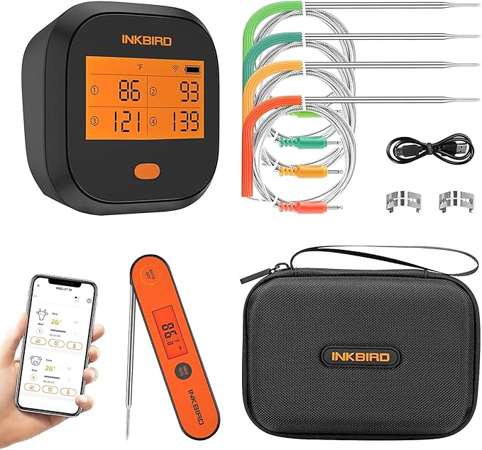 Inkbird WiFi Grill Thermometer IBBQ-4T & Instant Read Thermometer IHT-1P & Carrying Case, Meat Thermometer for Oven, Smoker, Cooking with Alarm Timer Graph, Rechargeable 4 Colorful Probes