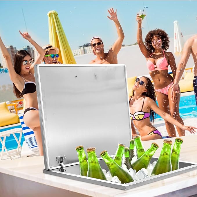 Upgraded Drop in Ice Chest, Stainless Steel Ice Cooler, Commercial Ice Bin with Cover, Outdoor Kitchen Ice Bar, Drain-Pipe and Drain Plug Included, for Cold Wine Beer