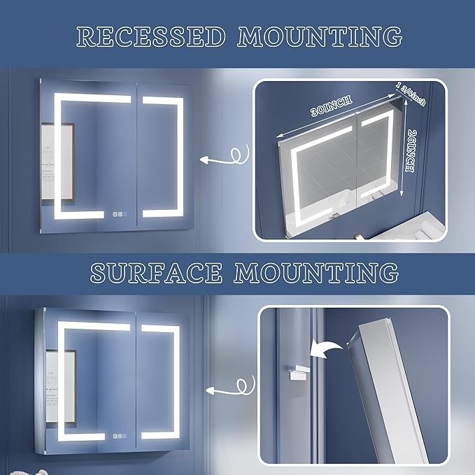 ExBrite LED Lighted Bathroom Medicine Cabinet with Mirror, 30 x 26 Inch, Recessed or Surface Mount, Anti-Fog, Stepless Dimming, Color Temperature Change, Built-in 6000K Sensor Light, Storage Shelves
