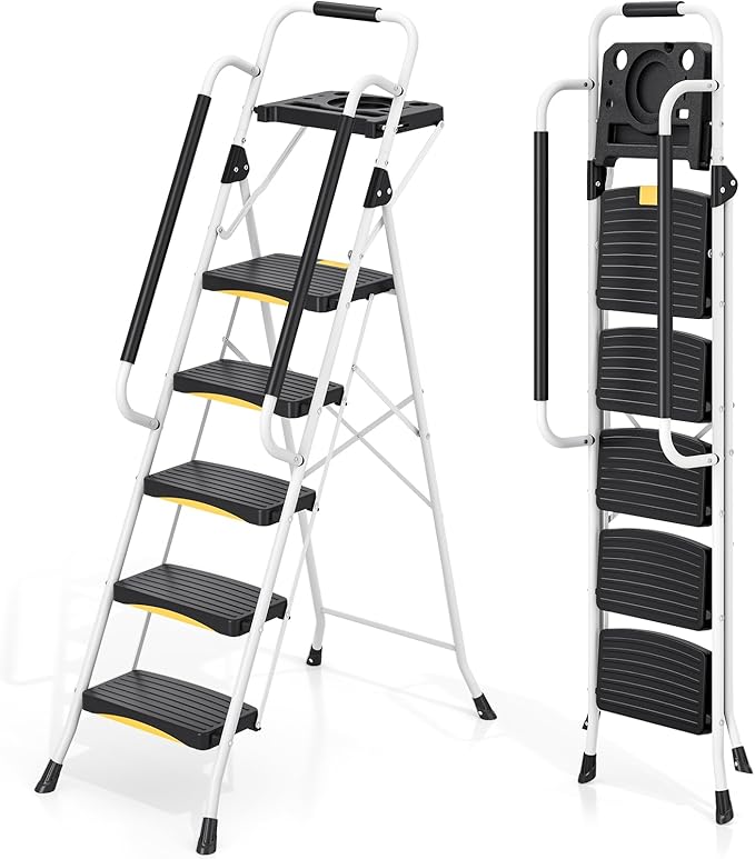5 Step Ladder with Tool Tray, Folding Steel Step Stool with Safety Lock, Anti-Slip Wide Pedals, Pass 800lbs Load Testing, Handrail, Heavy Duty Ladder for Multi-Purpose, Indoor, Office