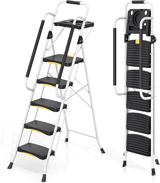 5 Step Ladder with Tool Tray, Folding Steel Step Stool with Safety Lock, Anti-Slip Wide Pedals, Pass 800lbs Load Testing, Handrail, Heavy Duty Ladder for Multi-Purpose, Indoor, Office