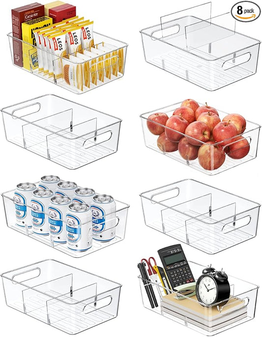 Pantry Organizers and Storage , 8 Pack Snack Organizer for Pantry Shelf,Food Storage Bins with Divider,Clear Containers for Organizing,Transparent Plastic Basket,Refrigerator and Fridge Bins